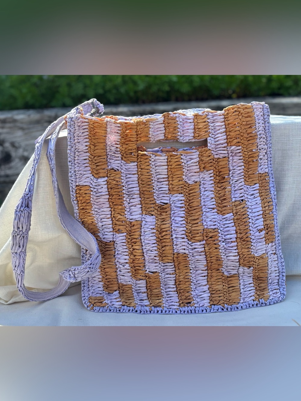 Free People Woven Raffia Crossbody Bag Lavender Natural Straw Beach Festival